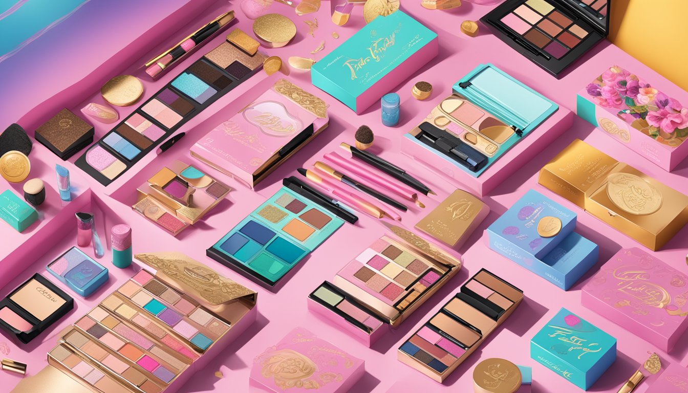 A vibrant display of Too Faced brand products with marketing materials and collaboration logos