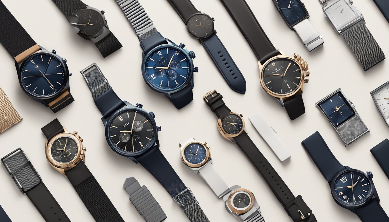 A display of top 10 watch brands under $500 arranged on a sleek, modern table with clean lines and minimalistic decor