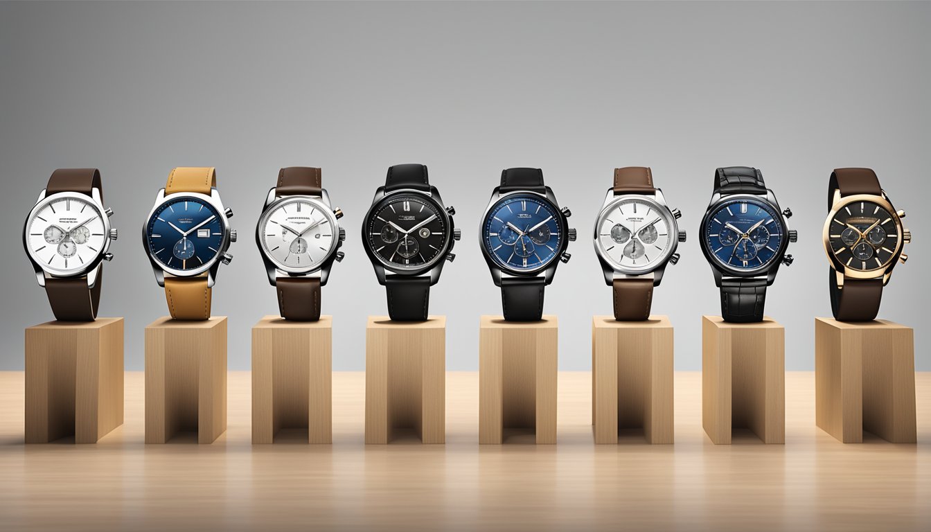 A lineup of 10 stylish and durable watches under 500, displayed on a sleek, modern watch stand