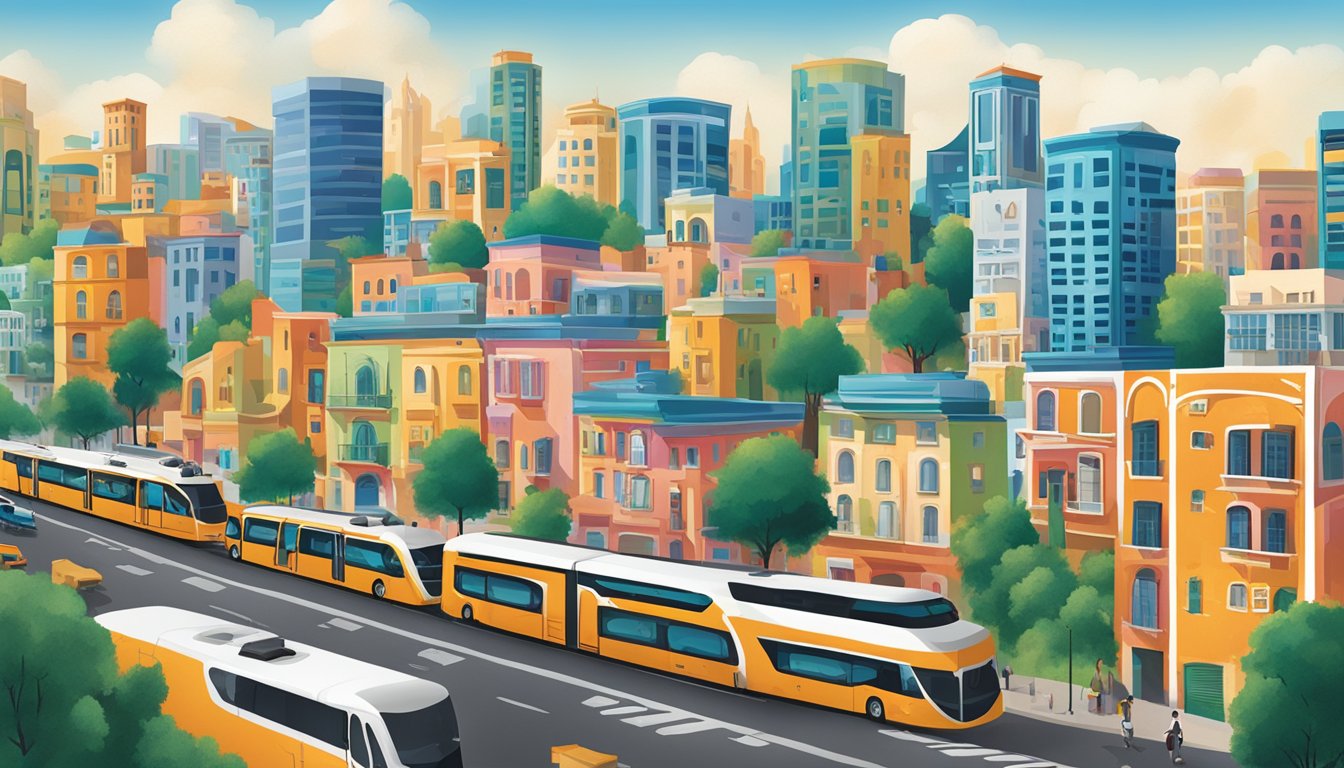 A vibrant city skyline with the iconic Byblos brand logo displayed prominently on a large billboard. The city is bustling with activity, and the logo stands out against the urban backdrop