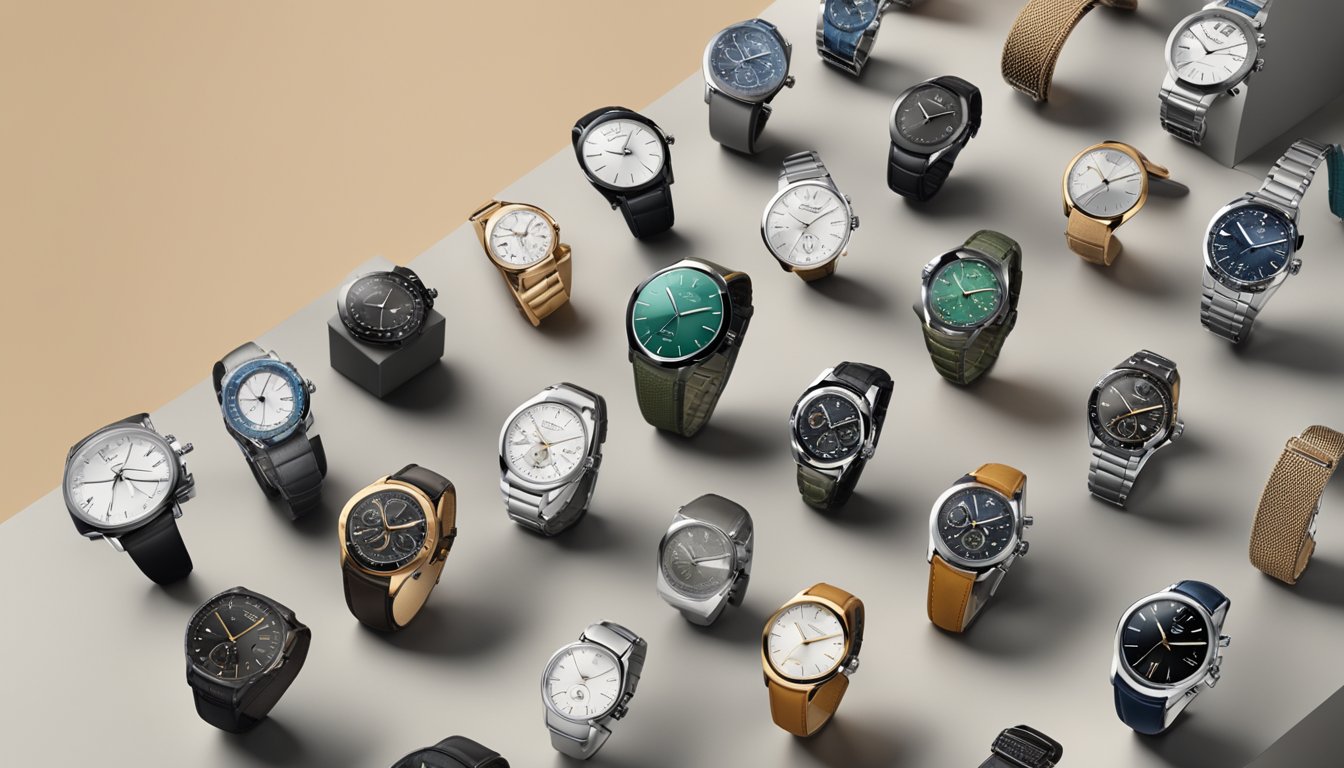 A display of top 10 watch brands under 500, arranged in a sleek and modern setting, with each watch showcased individually on a pedestal or stand