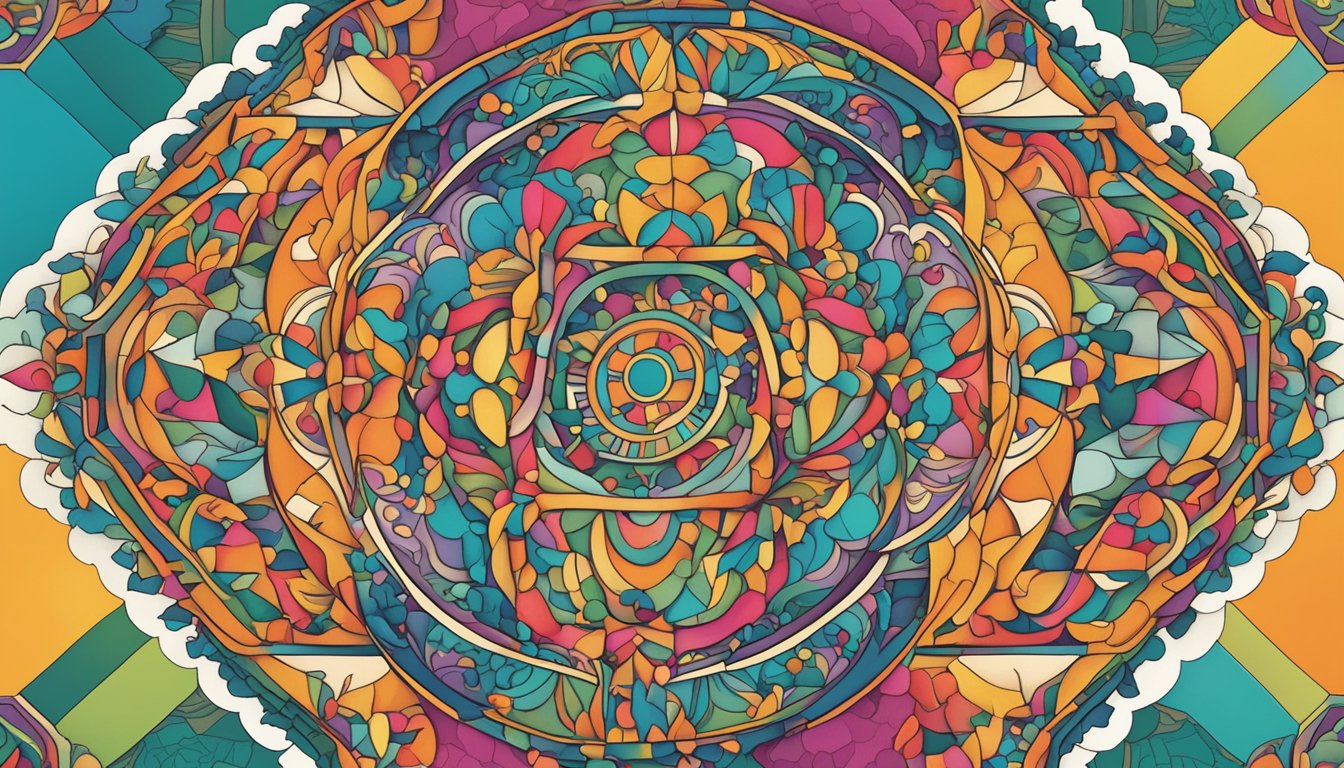 Vibrant colors and patterns from various cultures surround a central symbol, representing the diverse cultural impact and inspirations of the Byblos brand