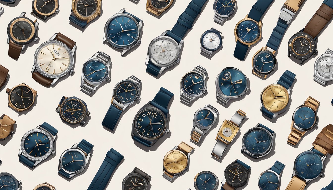 A table displaying 10 stylish watches under $500, arranged neatly with price tags and brand names visible