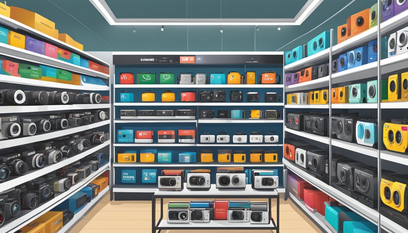 Various camera brands displayed on shelves in a Malaysian electronics store