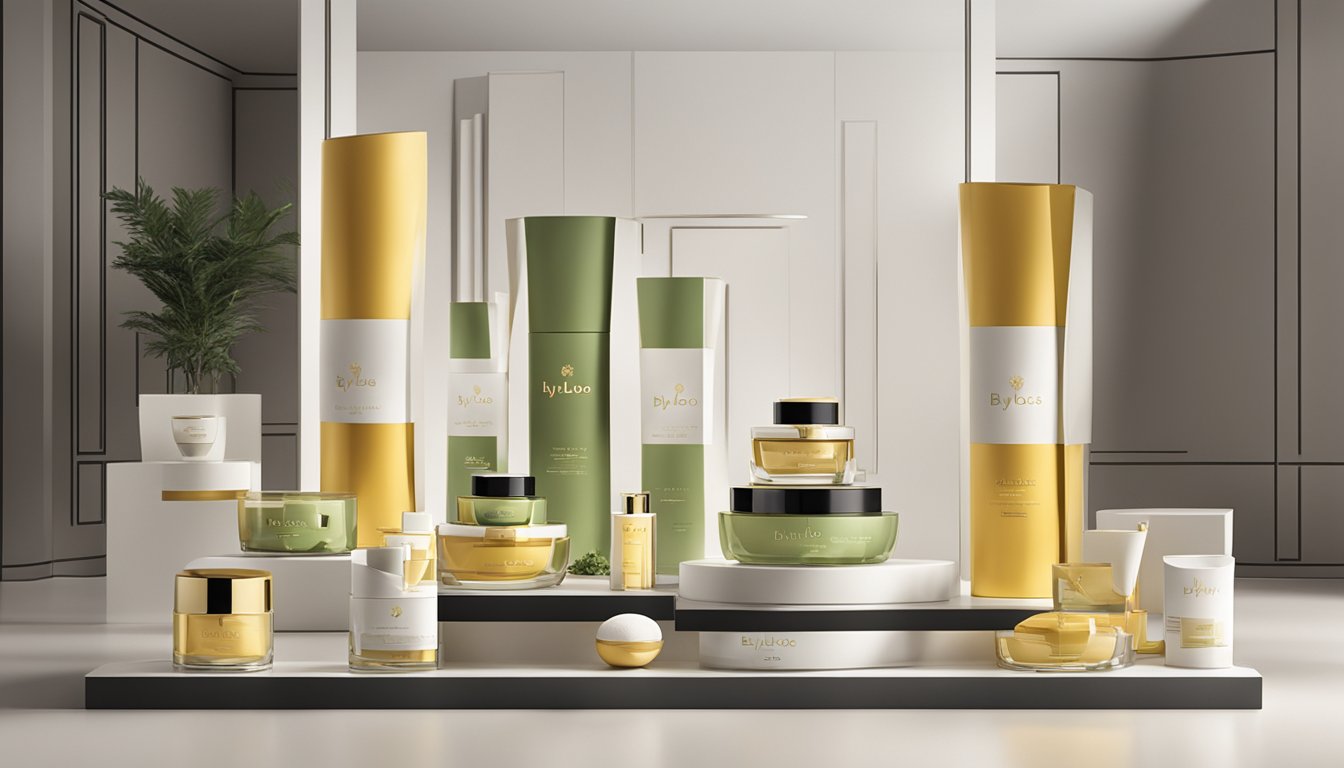 A display of Byblos brand products arranged in a modern and elegant setting, showcasing the brand's unique and stylish aesthetic