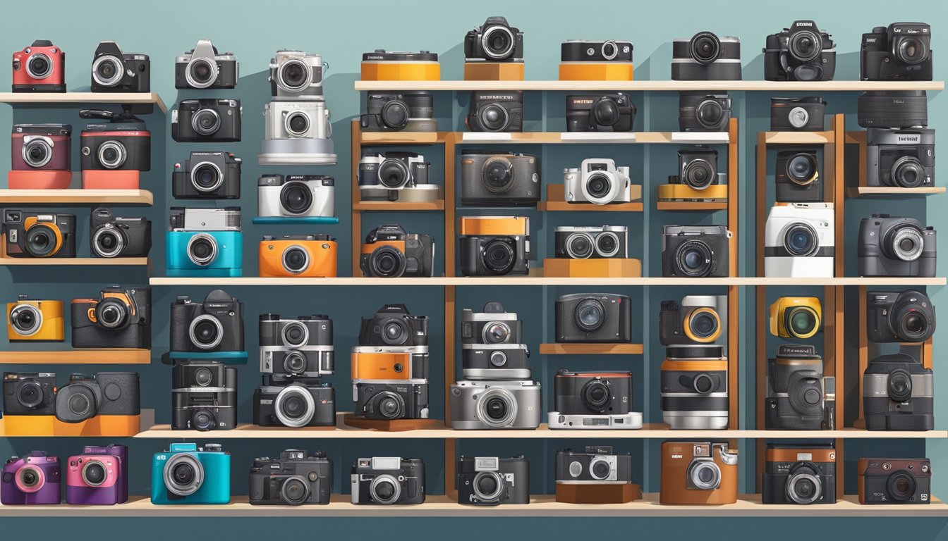 Various cameras displayed on shelves, from compact to DSLR, with brand logos and model names, in a well-lit camera store in Malaysia