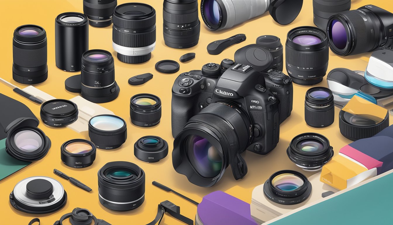 Various camera accessories and lenses are neatly arranged on a table, with the prominent logo of a popular camera brand in Malaysia visible in the background