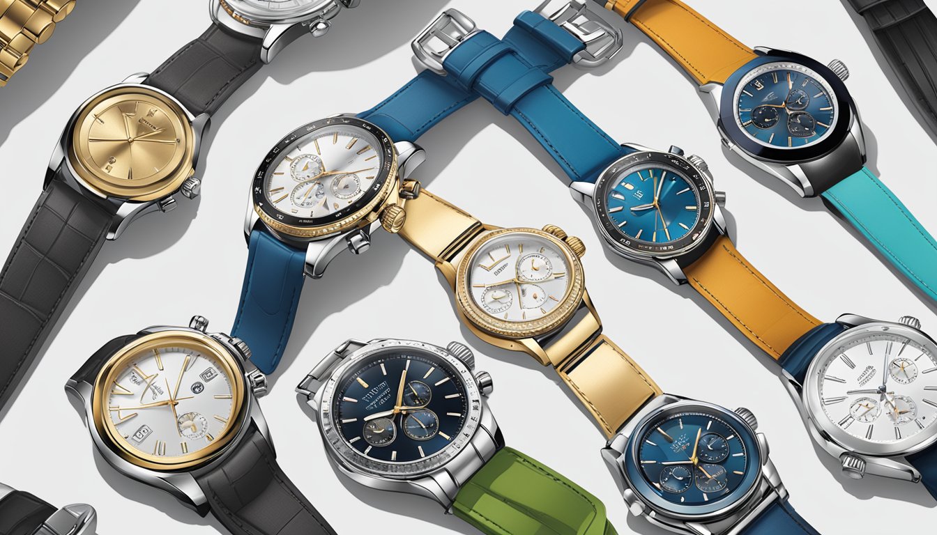 A table with 10 sleek and stylish watches under $500, each brand name clearly visible. Bright lighting highlights the details of each timepiece