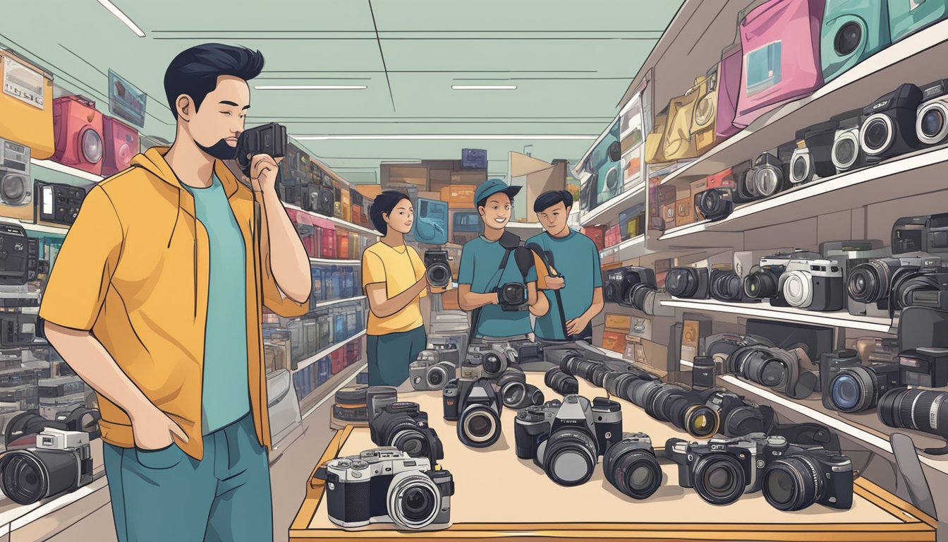 A customer comparing different camera brands in a Malaysian store, surrounded by various models and accessories