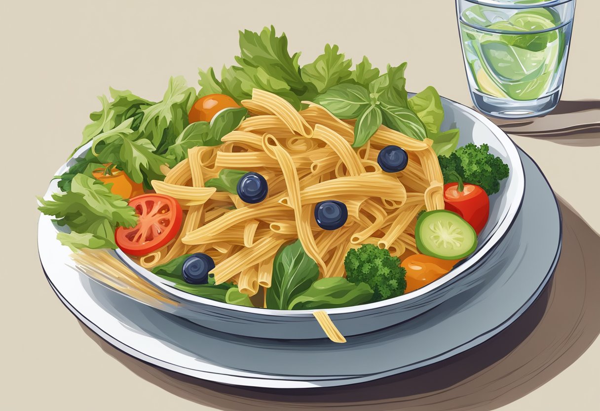A bowl of whole wheat pasta with colorful vegetables and a side of mixed green salad, accompanied by a glass of water