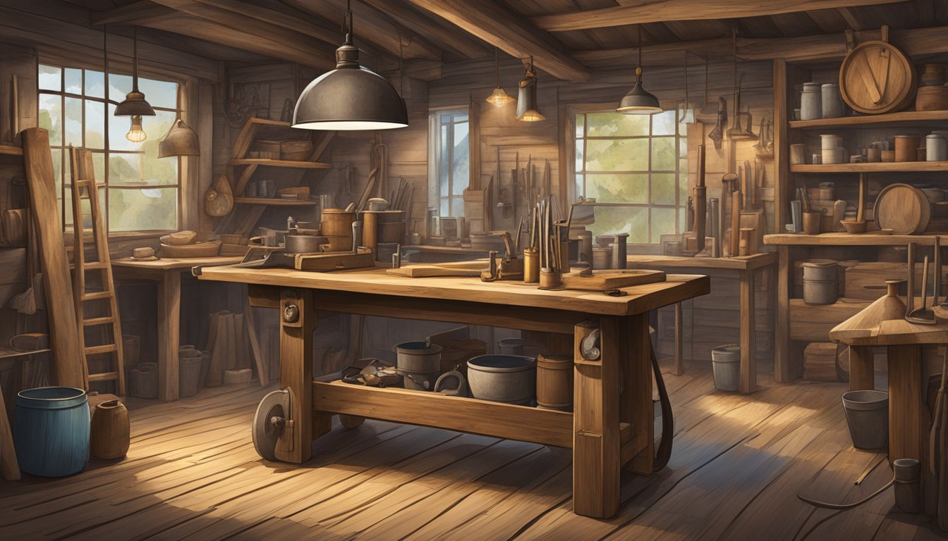A rustic workshop with old-fashioned tools and materials, a sign with "Jack and Jones" logo, and a map showing the brand's origin country