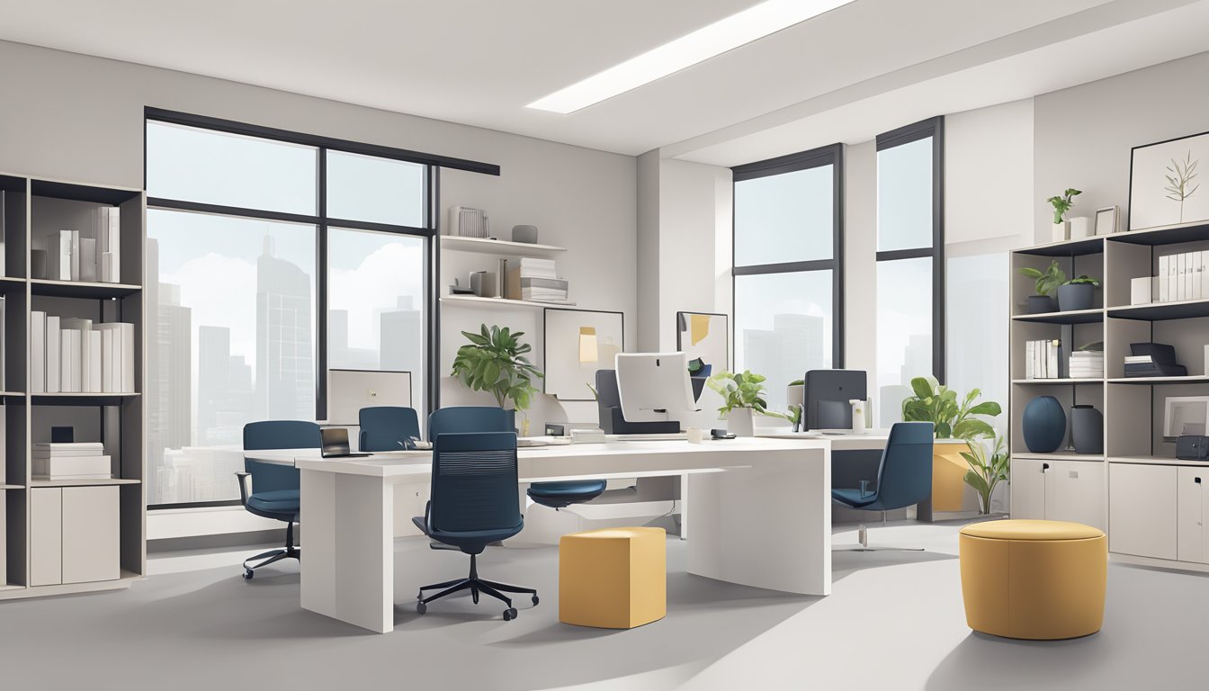 A modern office with minimalist decor, showcasing the brand's logo and motto. Clean lines and neutral colors reflect the brand's philosophy of simplicity and sophistication