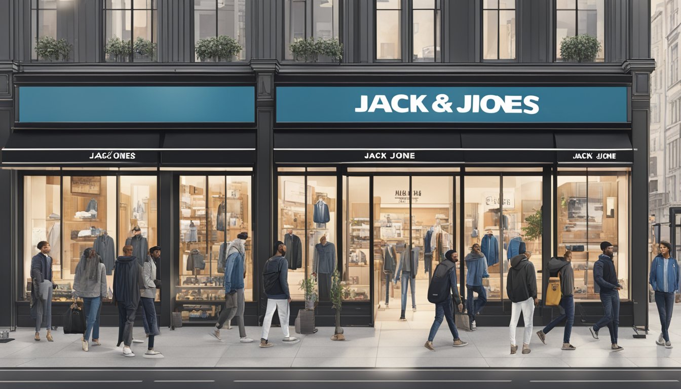 A bustling city street with a modern storefront displaying the Jack and Jones brand logo. Shoppers interact with the brand's products and engage with the store's marketing materials