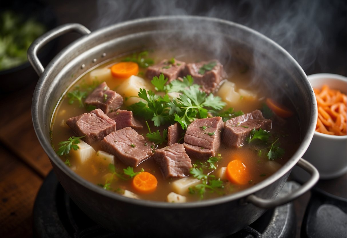 A steaming pot of Chinese beef bone soup simmers on a stovetop, with chunks of tender beef, aromatic herbs, and vegetables floating in the rich, savory broth