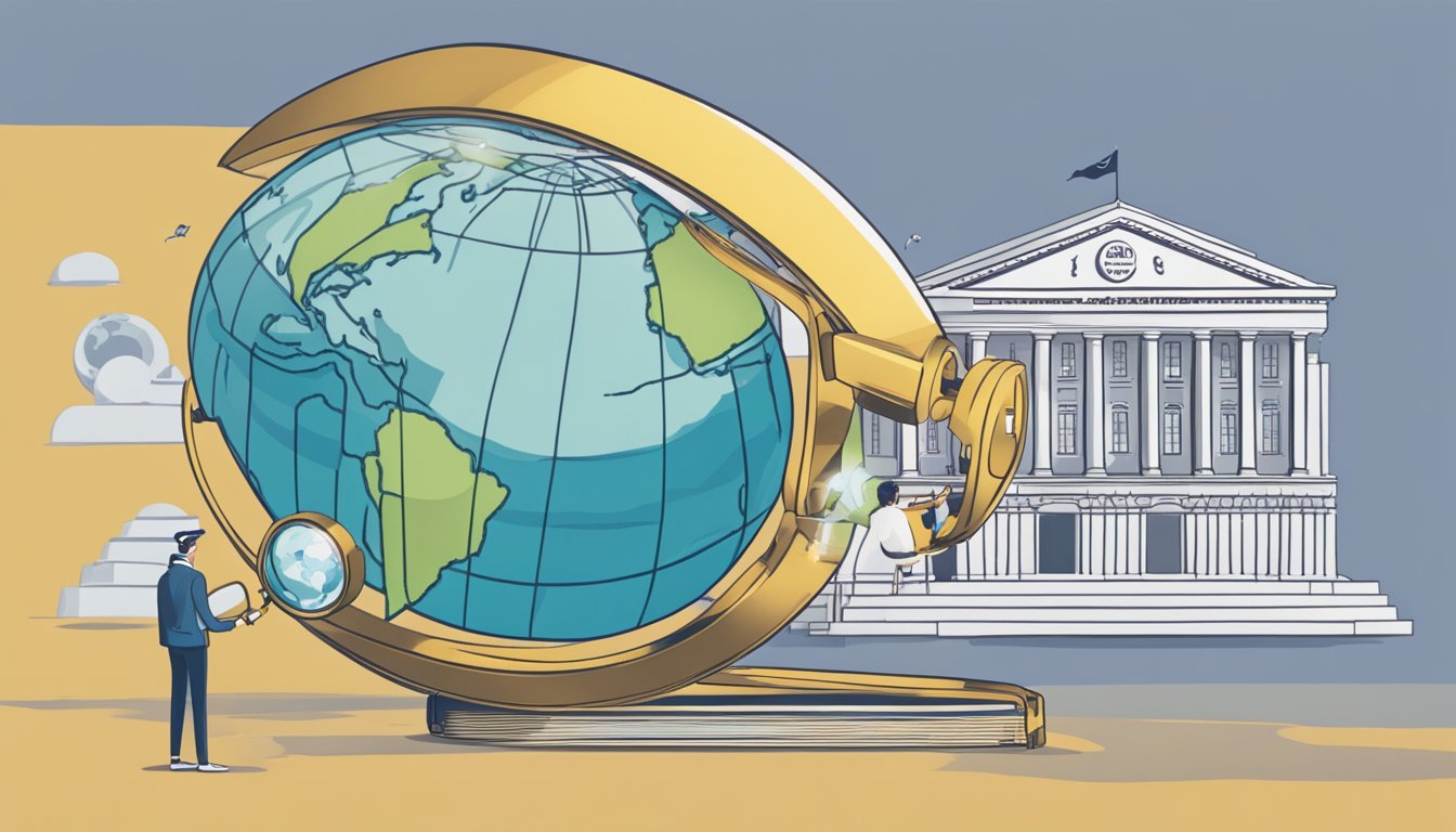 The scene shows a globe with a magnifying glass hovering over the location of the Jack and Jones brand origin. A question mark hovers above the globe, indicating the search for information