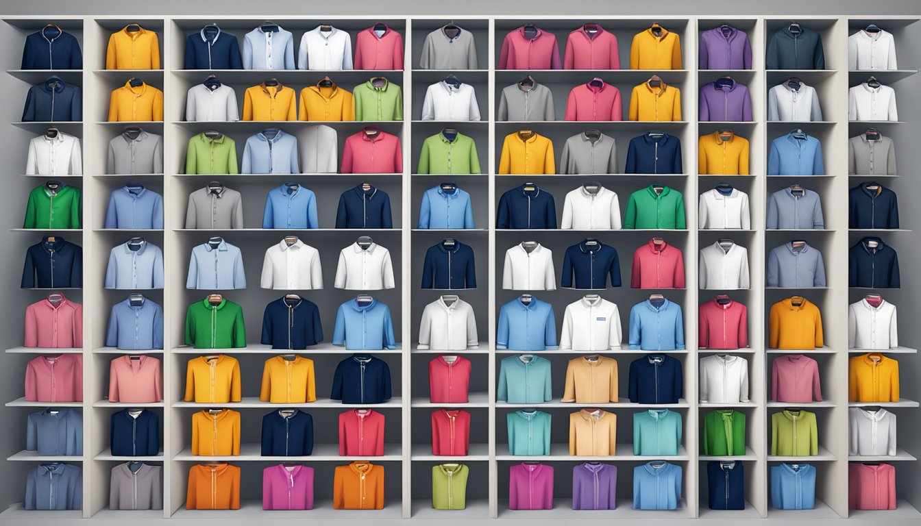 A colorful display of top 20 shirt brands arranged on a sleek, modern shelf in a well-lit boutique. Each brand's logo is clearly visible, and the shirts are neatly folded or hung for a clean, professional look