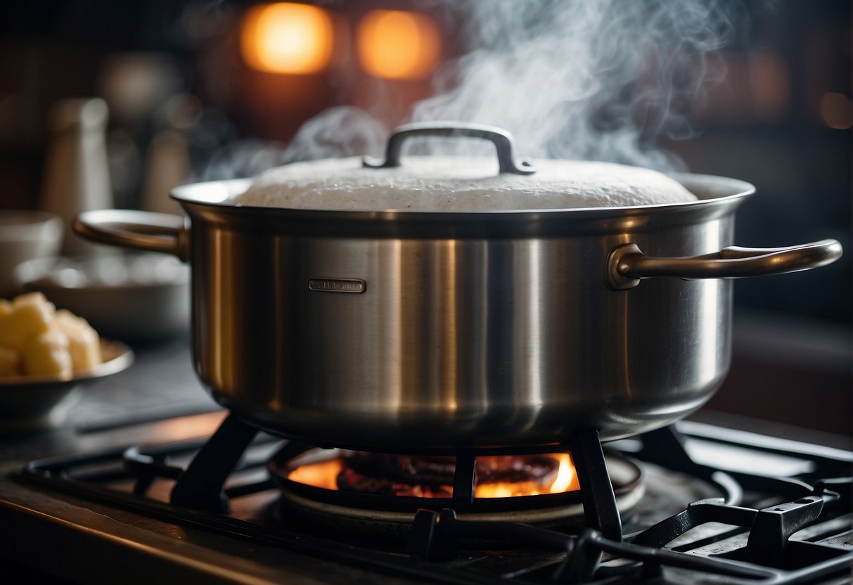 A large pot simmers on a stove, filled with rich, aromatic Chinese beef bone soup. Steam rises from the pot, carrying the scent of star anise, ginger, and tender pieces of beef