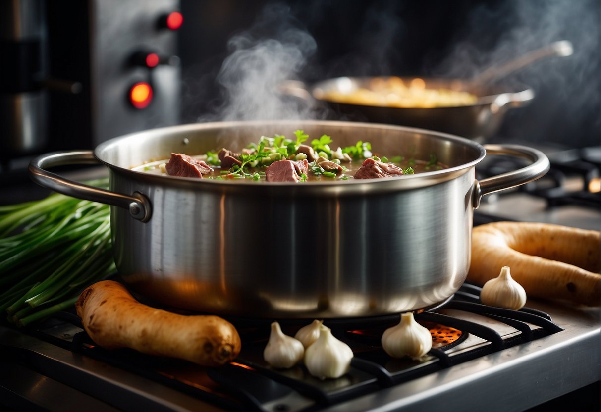 A large pot simmers on a stovetop, filled with beef bones, ginger, and spices. Steam rises as the broth cooks, creating an inviting aroma. Ingredients like green onions, garlic, and star anise sit nearby, ready to