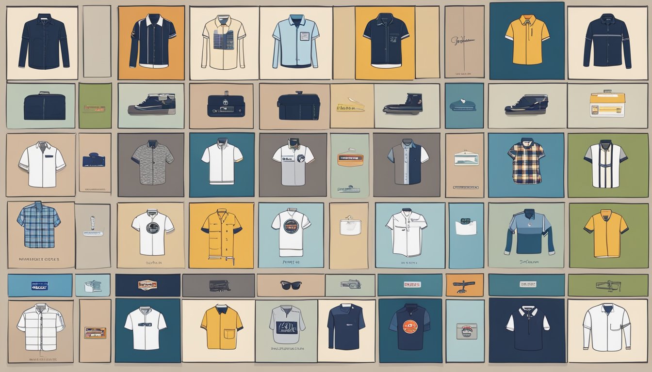 A display of iconic shirt brands' logos arranged in a grid, surrounded by vintage sewing machines and fabric swatches