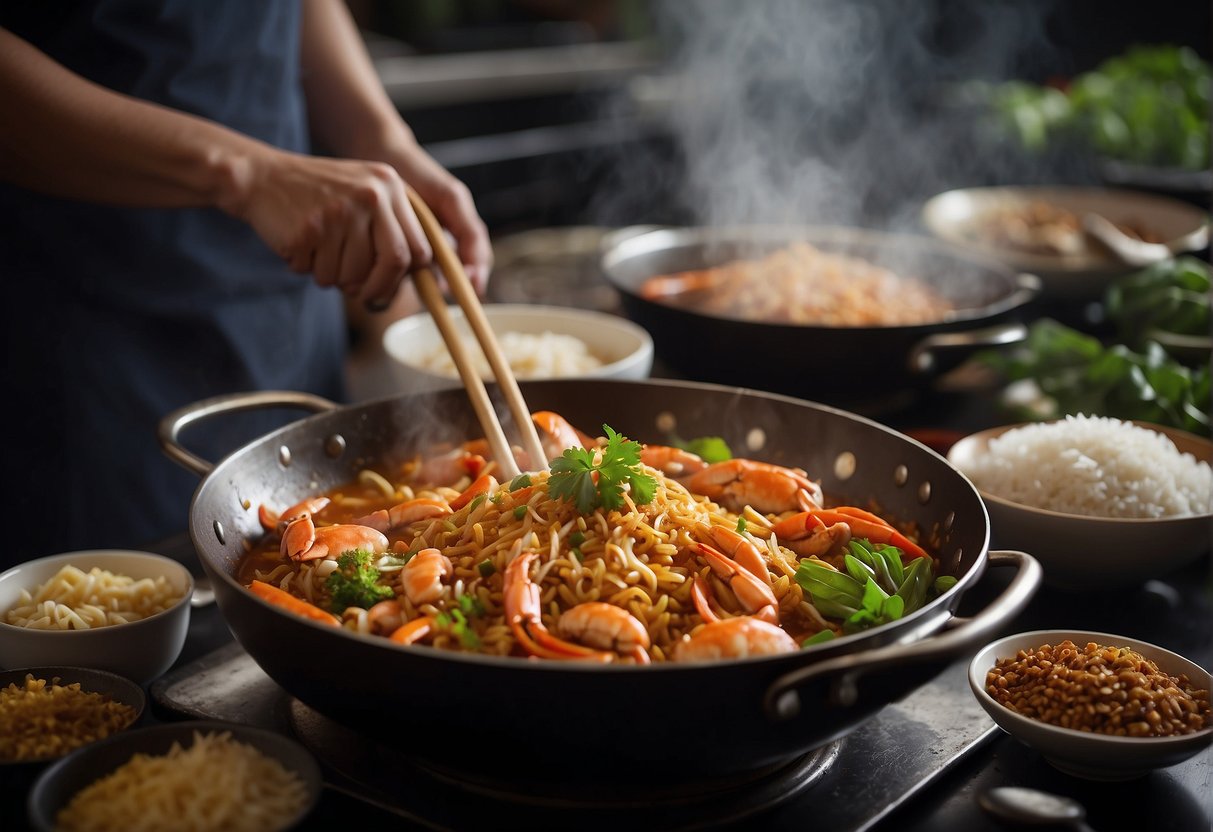 A large wok sizzles with fragrant spices and chopped crab, as a chef expertly stirs in Chinese curry sauce. A pile of fresh ingredients and a steaming pot of rice sit nearby