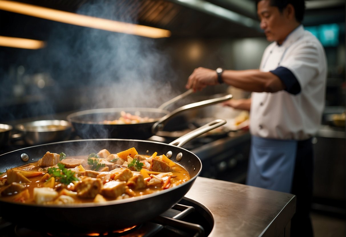 A large wok sizzles with fragrant spices and chunks of fish head in a rich, golden curry sauce. Aromatic steam rises as the dish simmers on a stovetop