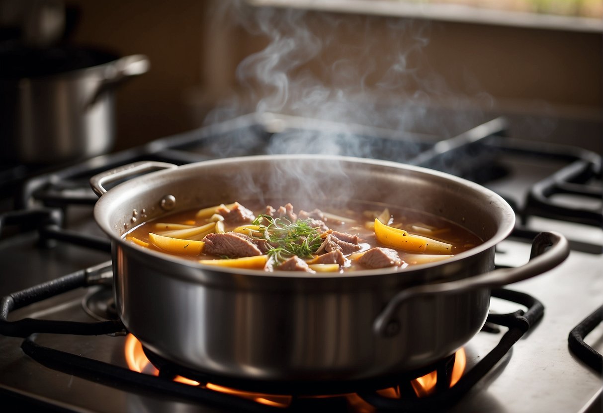 A pot simmers on a stove, filled with beef bones, ginger, and spices. Steam rises as the broth cooks, infusing the kitchen with rich aromas