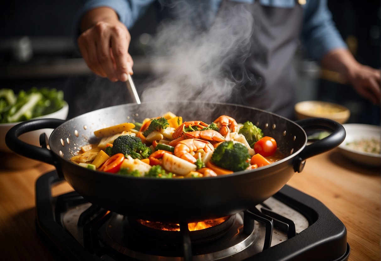 A wok sizzles as curry spices are added to a bubbling pot of crab and vegetables, filling the air with a rich, aromatic aroma