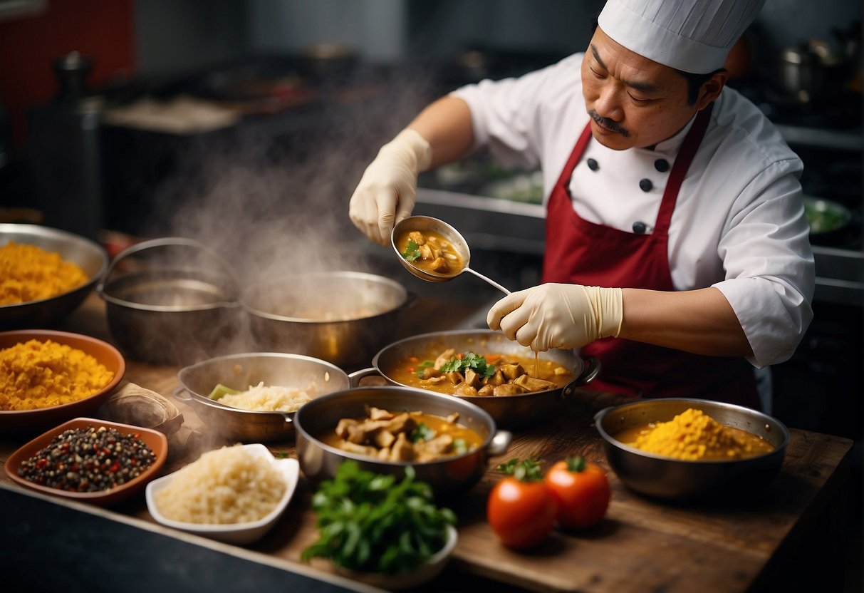 A Chinese chef prepares curry fish head, blending spices and ingredients with a traditional recipe