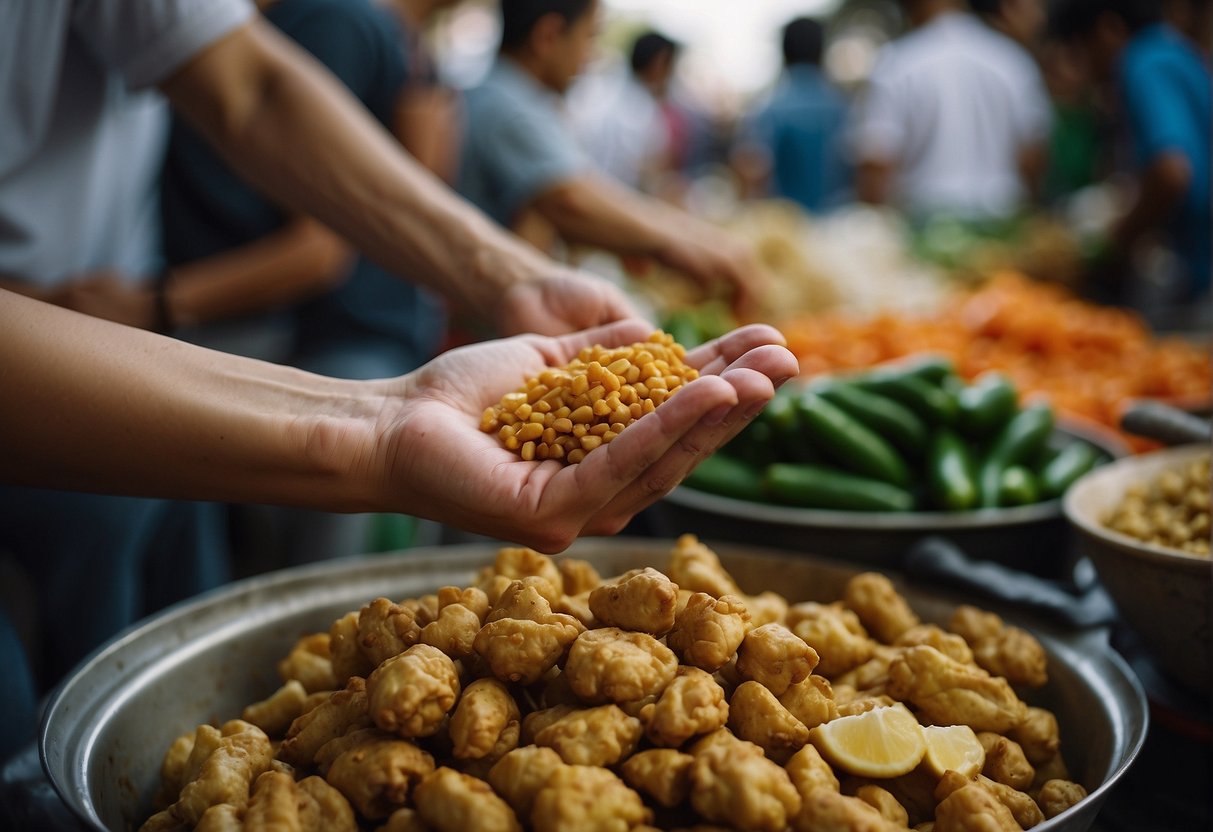 A hand reaches for ginger, garlic, and chilies in a bustling Chinese market, preparing to cook curry fish head