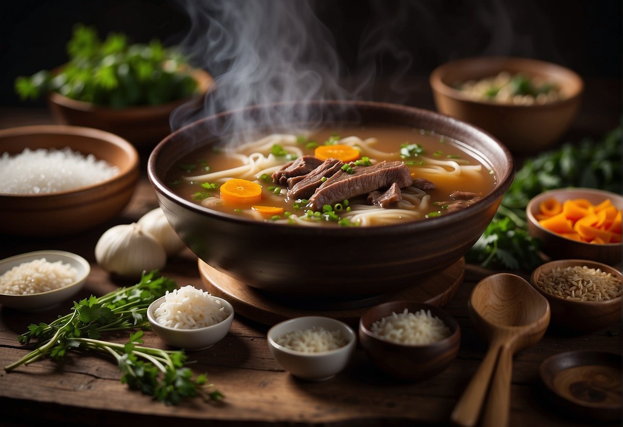 A steaming bowl of Chinese beef bone soup sits on a wooden table, surrounded by various ingredients and utensils. Steam rises from the rich broth, and the aroma of herbs and spices fills the air
