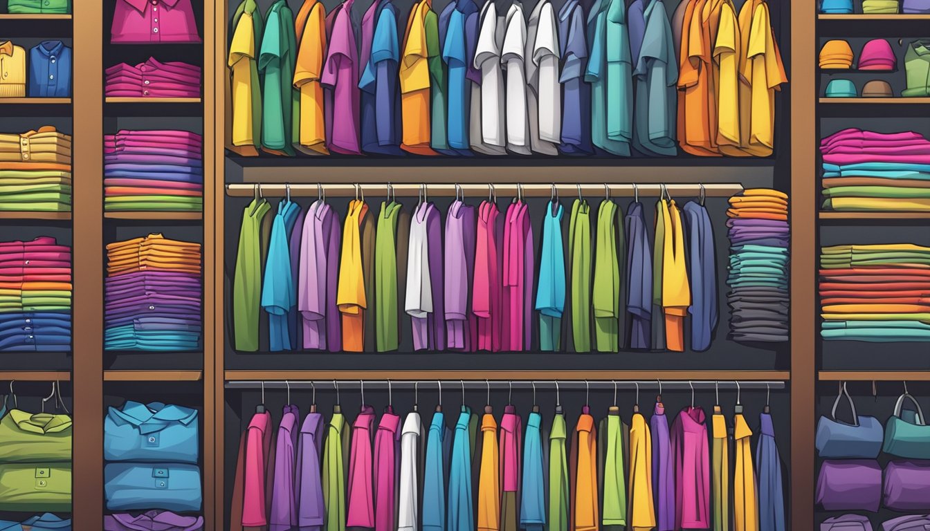 A display of 20 vibrant shirt brands, arranged neatly on shelves with clear price tags and quality markers. Bright lighting highlights the variety of styles and colors