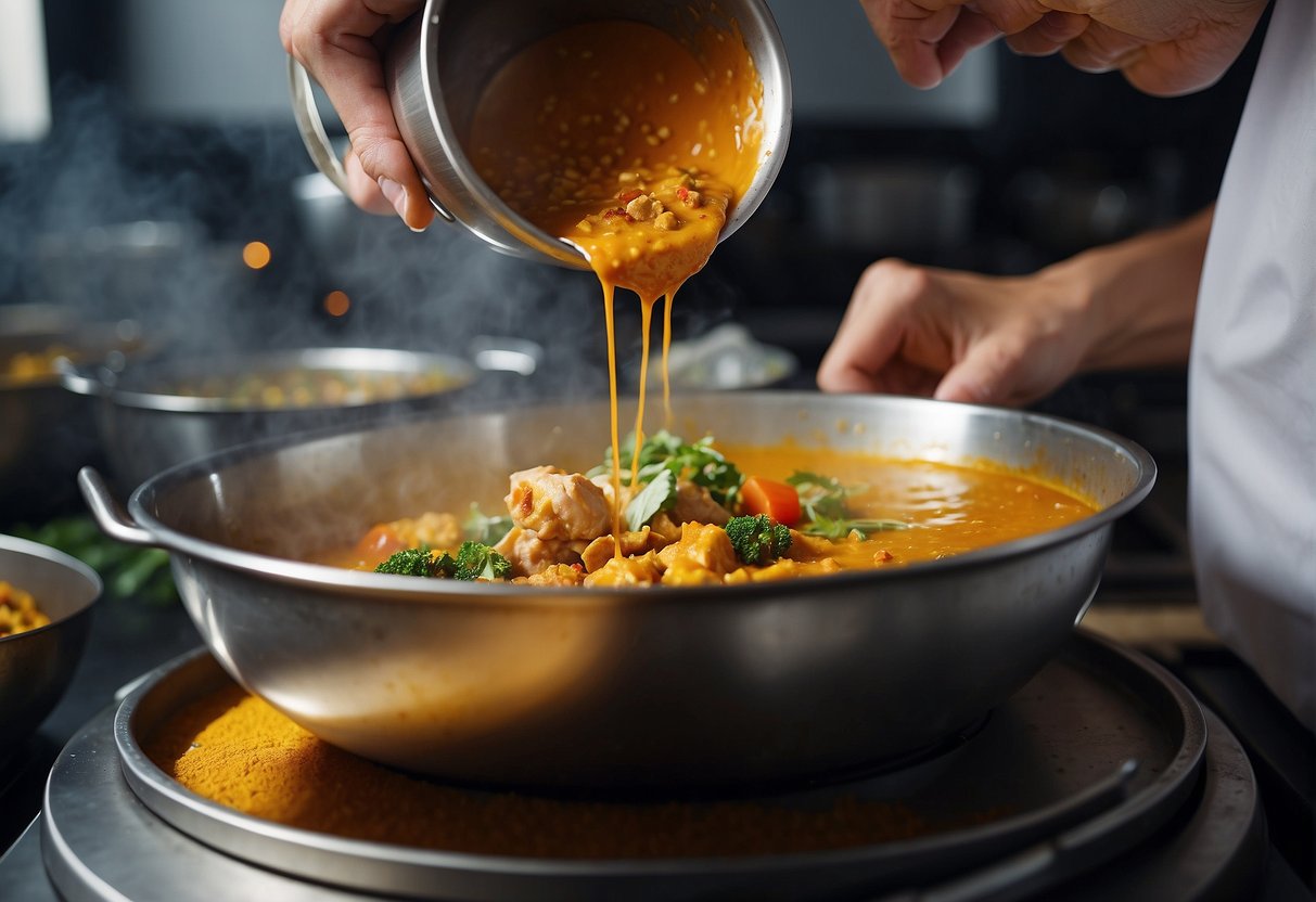 A chef mixes spices into a bubbling pot of curry sauce, adding chunks of fish head and vegetables. A tantalizing aroma fills the air