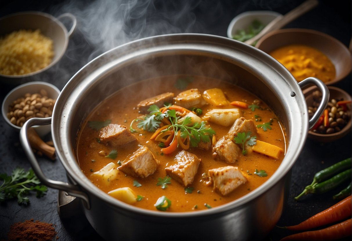 A pot simmers with curry sauce, fish head, and Chinese spices. Steam rises as the dish cooks on a stovetop