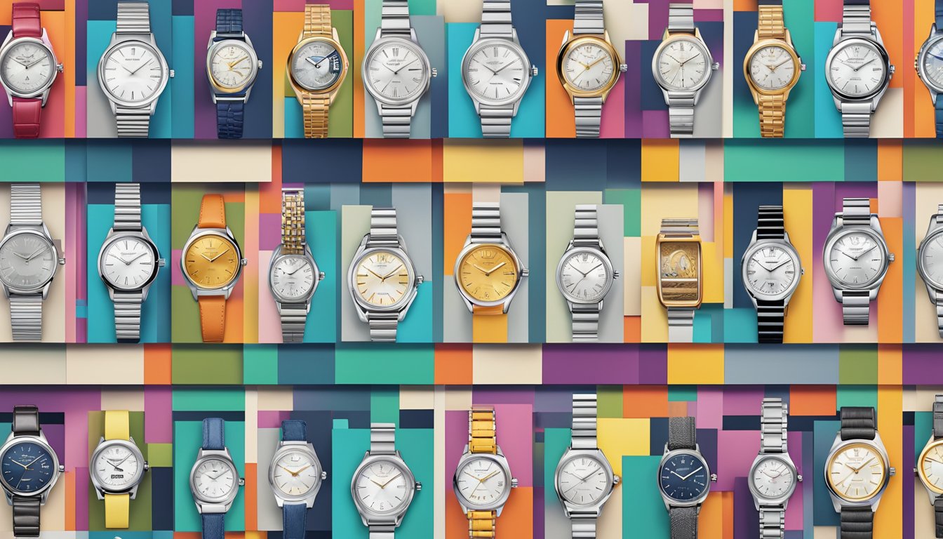 A display of Japanese watch brand names on a sleek, modern backdrop. Bright, bold lettering stands out against the clean, minimalist design