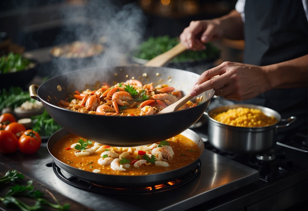 A chef mixes spices and crab in a wok, creating a fragrant and colorful crab curry