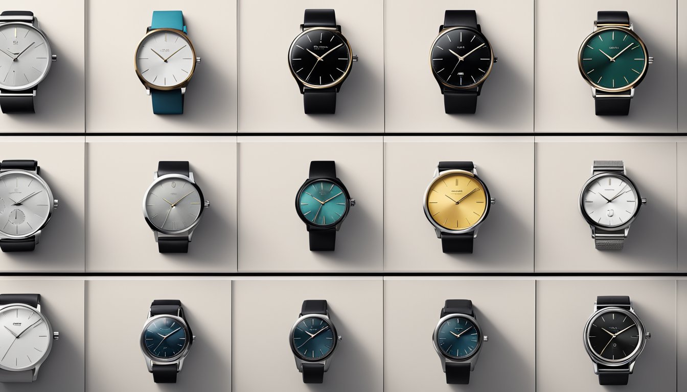 A lineup of sleek Japanese watch brands displayed on a modern, minimalist store shelf
