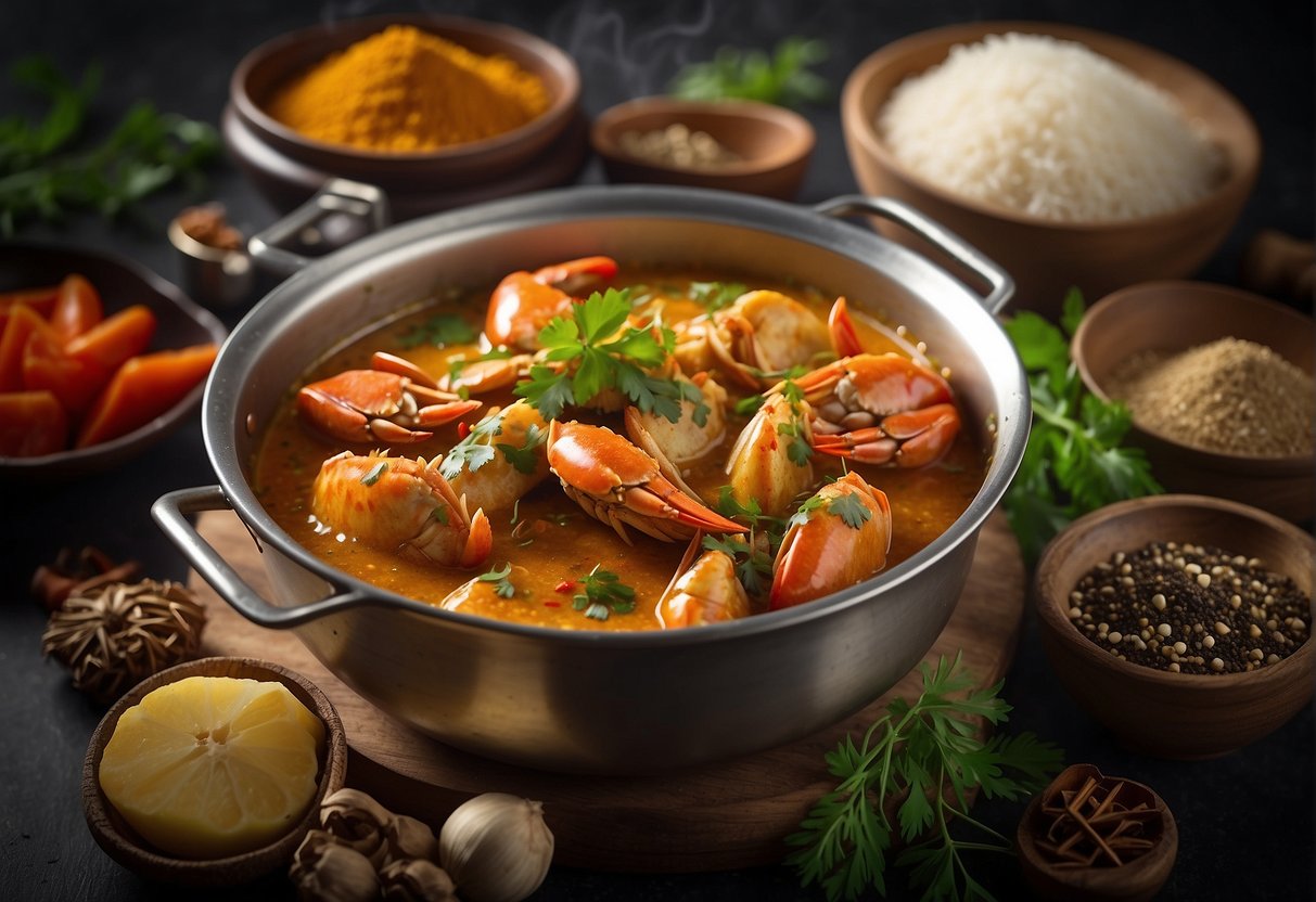 Crab pieces simmer in a bubbling pot of fragrant Chinese curry sauce, surrounded by aromatic spices and herbs