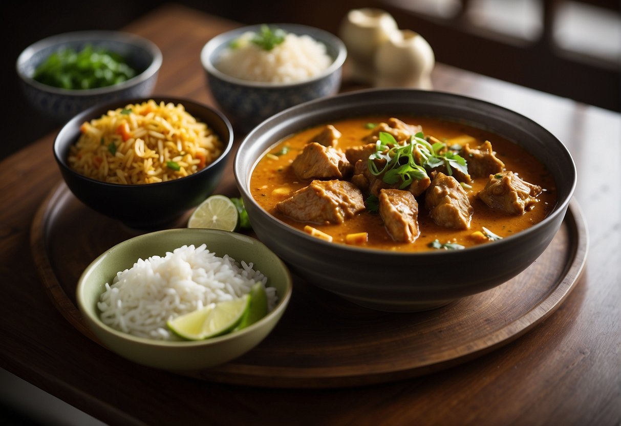 A steaming pot of curry fish head sits on a table, surrounded by bowls of fragrant jasmine rice and assorted condiments. A pair of chopsticks rests on a side plate, ready for serving