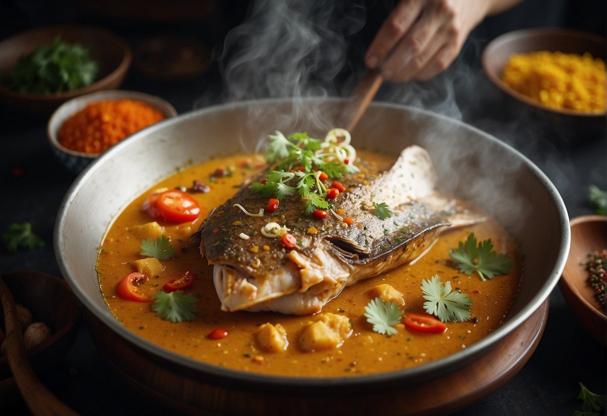 A steaming pot of curry fish head surrounded by traditional Chinese spices and ingredients. A chef's hand adds a final garnish