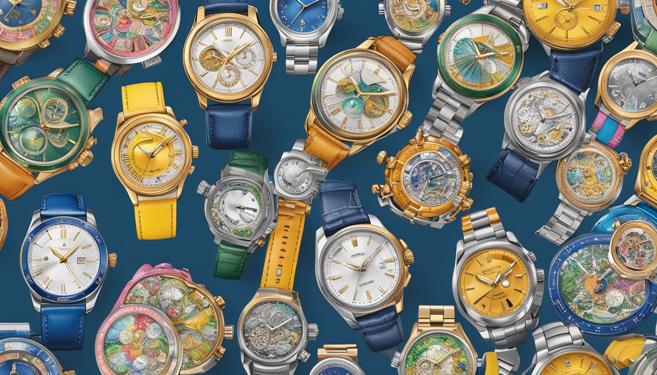 Vibrant logos of emerging Japanese watch brands fill a bustling marketplace, showcasing creativity and independence