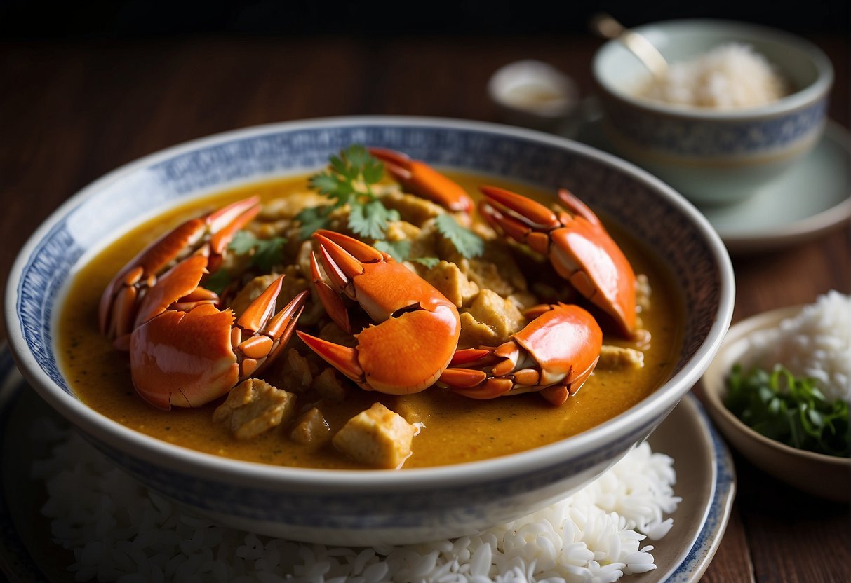 A steaming bowl of curry crab sits next to a plate of fluffy white rice, with chopsticks resting on the side. A pot of fragrant tea completes the scene