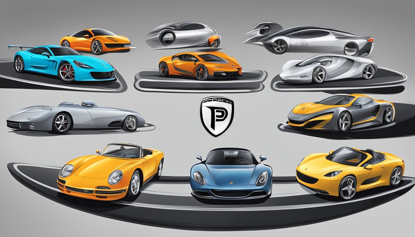 Various car logos - Porsche, Peugeot, and Pontiac - displayed on a wall with their distinct designs and letter "P" prominently featured