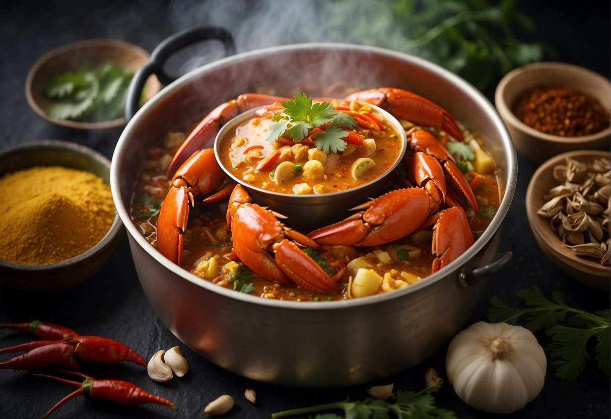 A steaming pot of curry crab surrounded by Chinese spices and ingredients