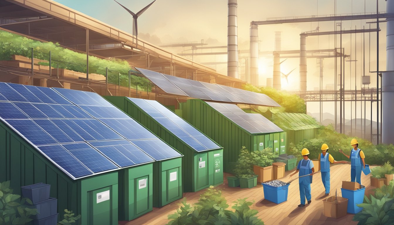 A factory with solar panels and recycling bins, workers using eco-friendly materials and ethical labor practices