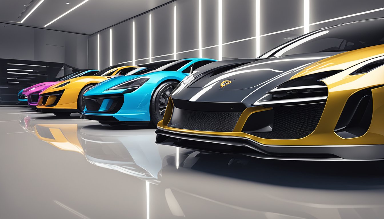 P-Branded Supercars line up in a sleek, modern showroom. Bright lights highlight the glossy finishes and futuristic designs