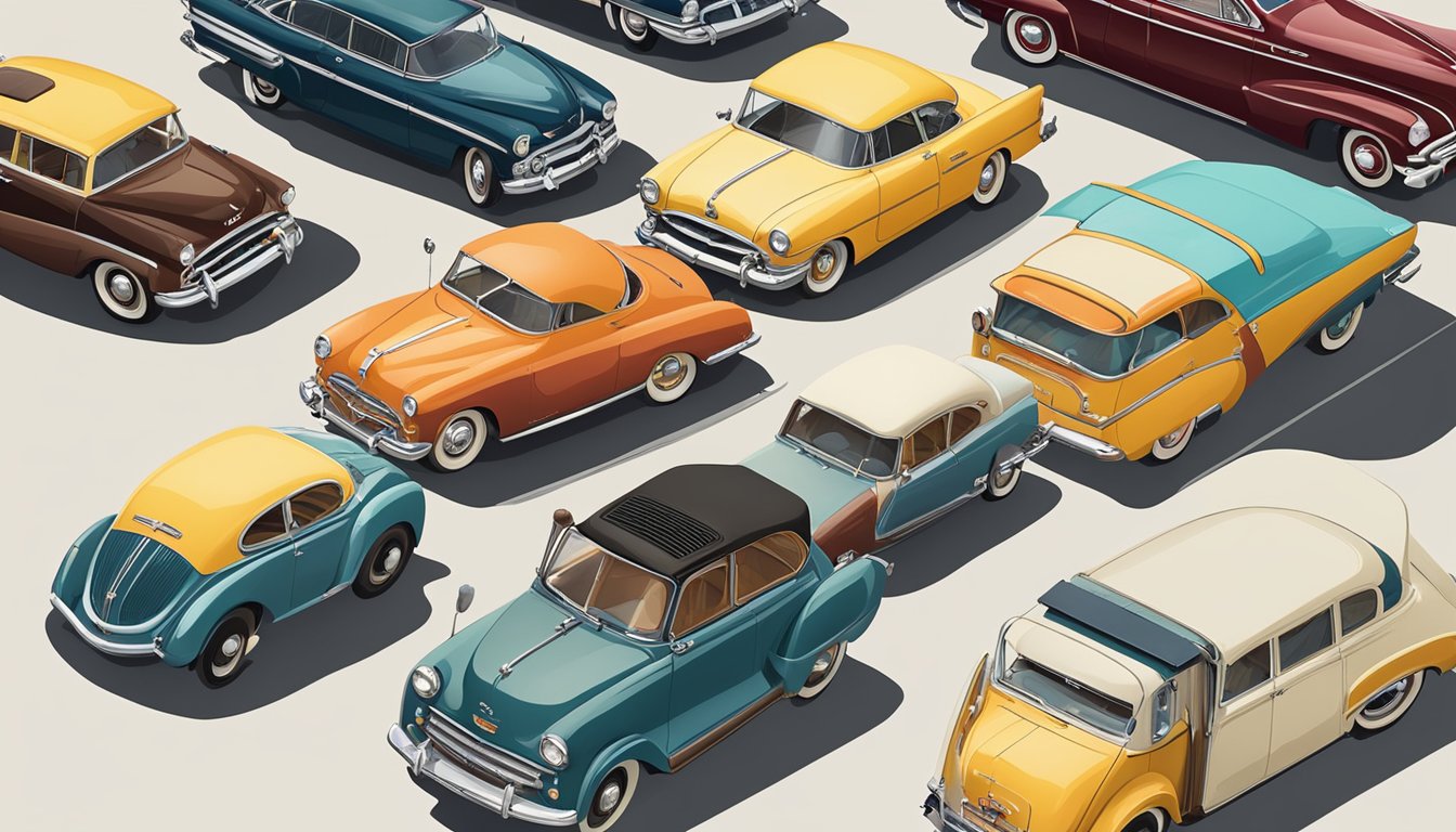 Classic cars lined up in a row, each representing a pioneering car brand starting with the letter "P." The vintage vehicles exude history and craftsmanship, showcasing the evolution of automobile design
