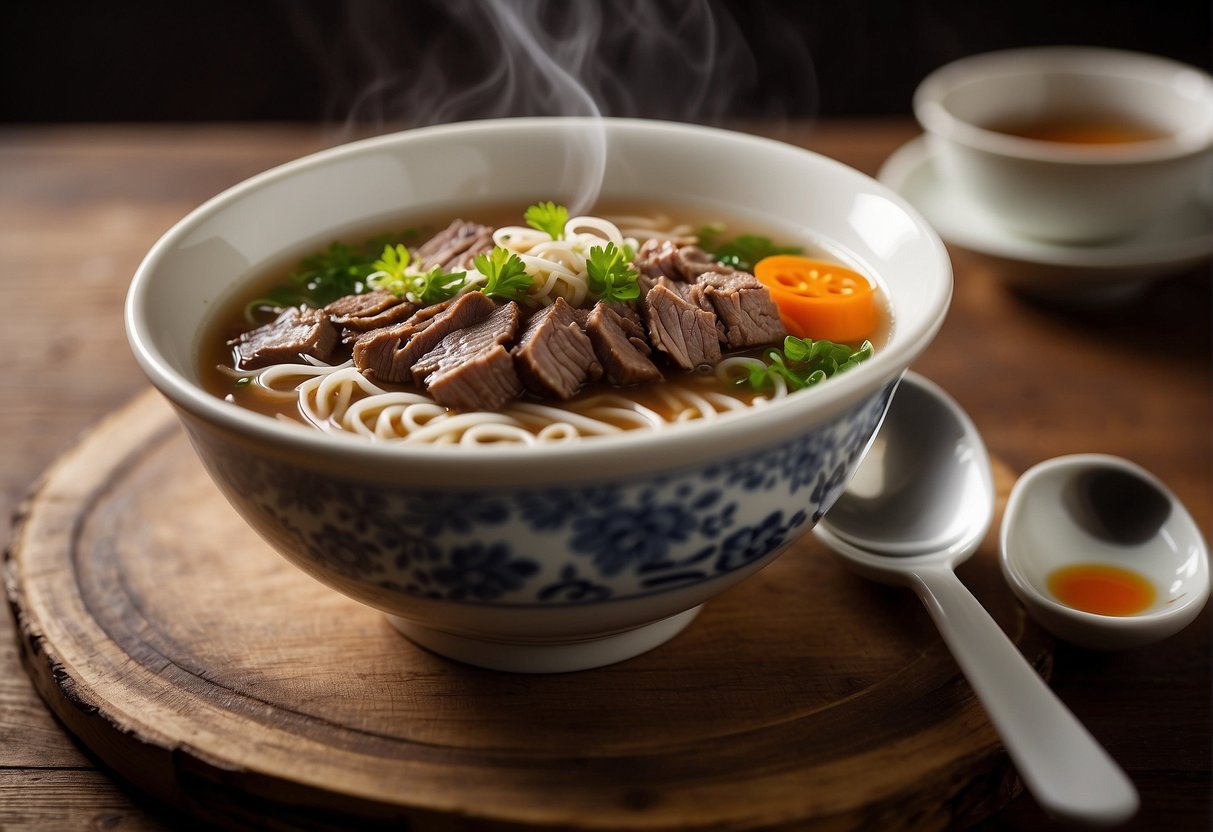 A steaming bowl of Chinese beef brisket noodle soup sits on a wooden table, surrounded by chopsticks and a spoon. Steam rises from the rich broth, and tender slices of beef float among the noodles