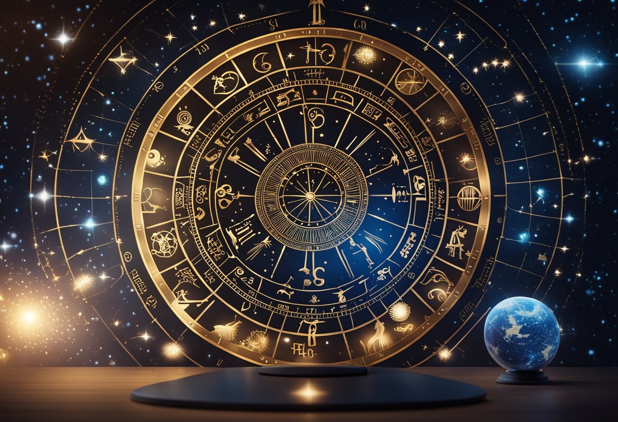 A table with a zodiac wheel, surrounded by celestial symbols and constellations, illuminated by a soft, otherworldly glow