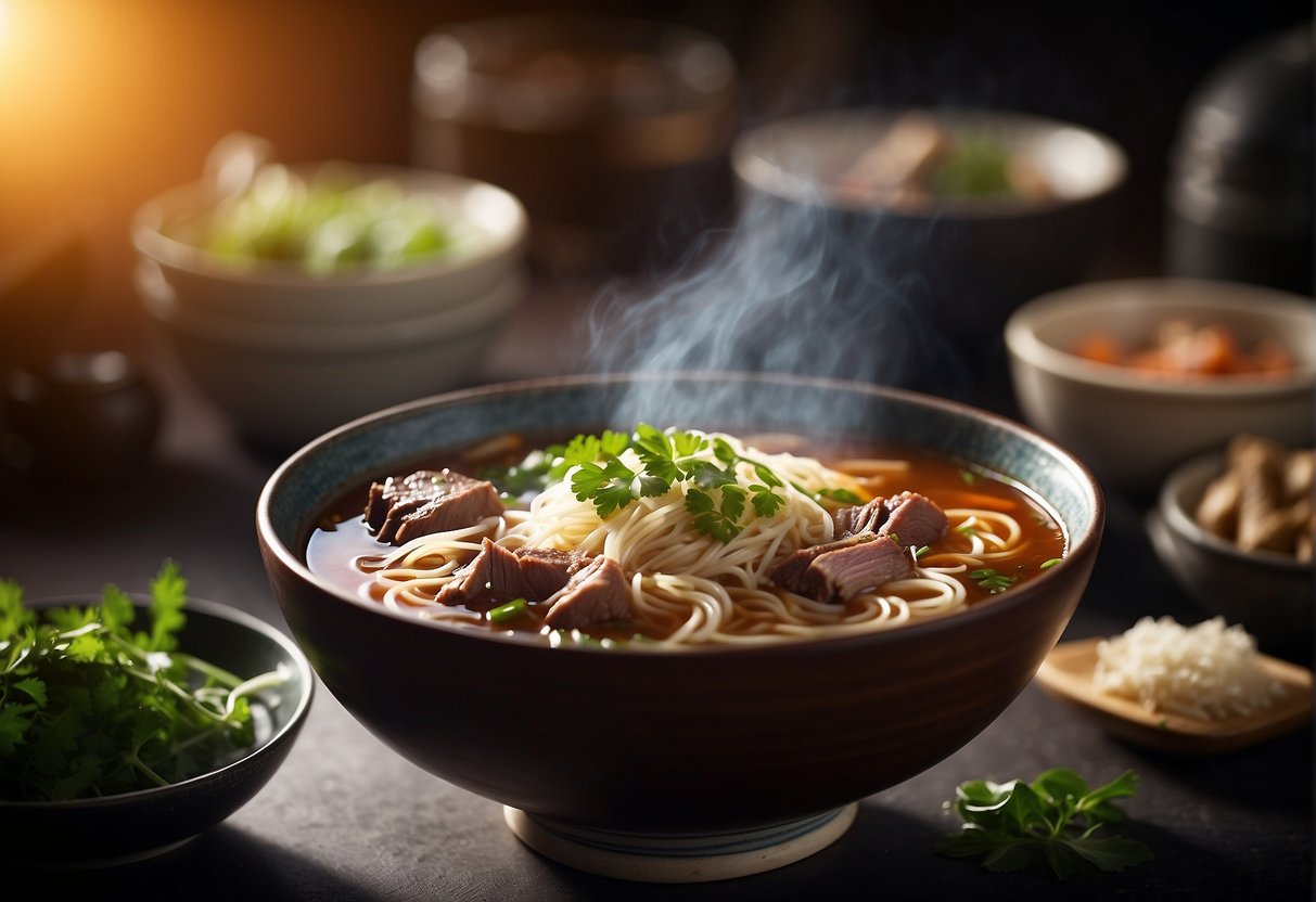 A steaming bowl of Chinese beef brisket noodle soup with fresh herbs and spices, surrounded by ingredients like beef brisket, noodles, and various substitution options