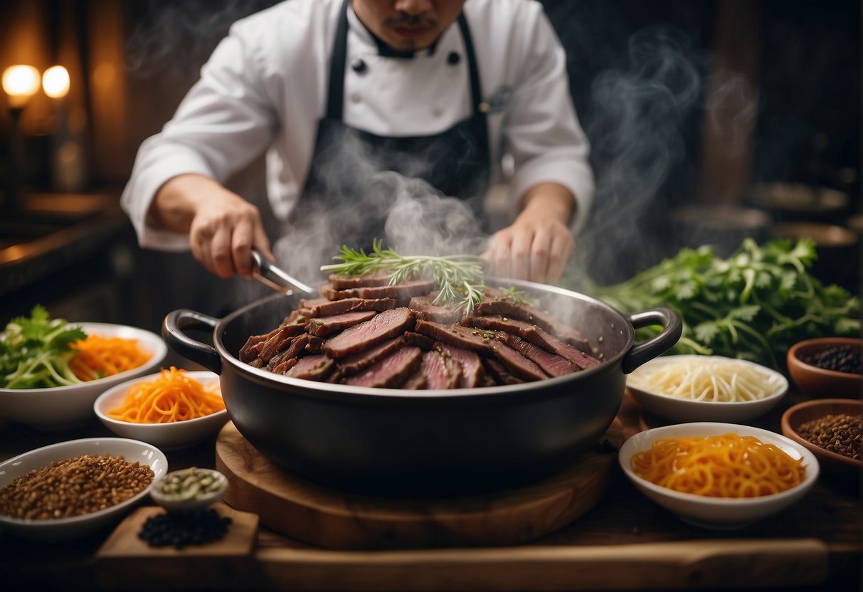 A chef slicing tender beef brisket, boiling noodles, and simmering aromatic broth in a large pot, surrounded by traditional Chinese spices and ingredients